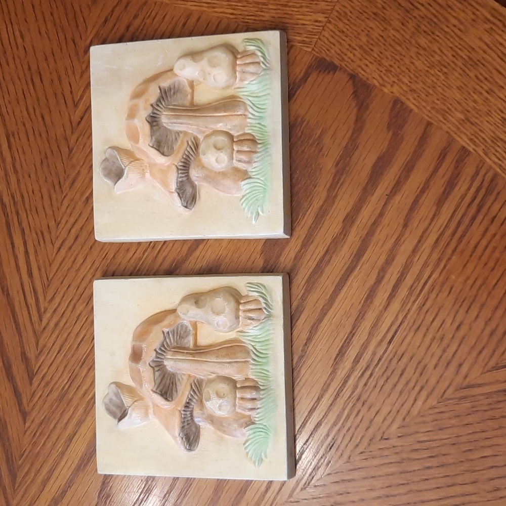 Vintage Mushroom Toadstool Kitsch Wall Plaques set of 2 signed